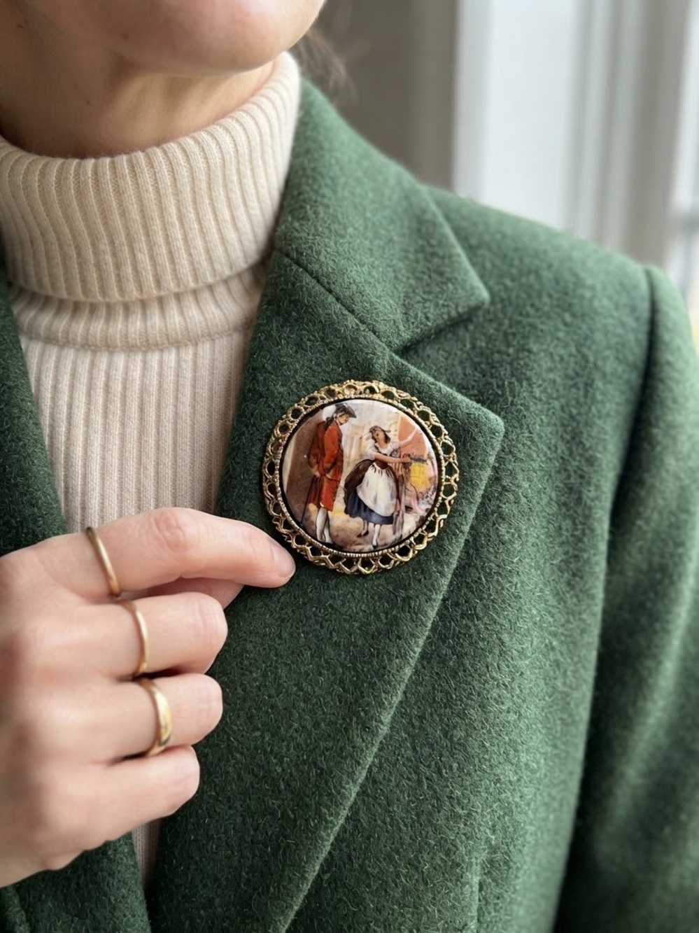 Vintage WMAC 18th Century Romance Scene Cameo Brooch | Ornate Gold Tone Filigree